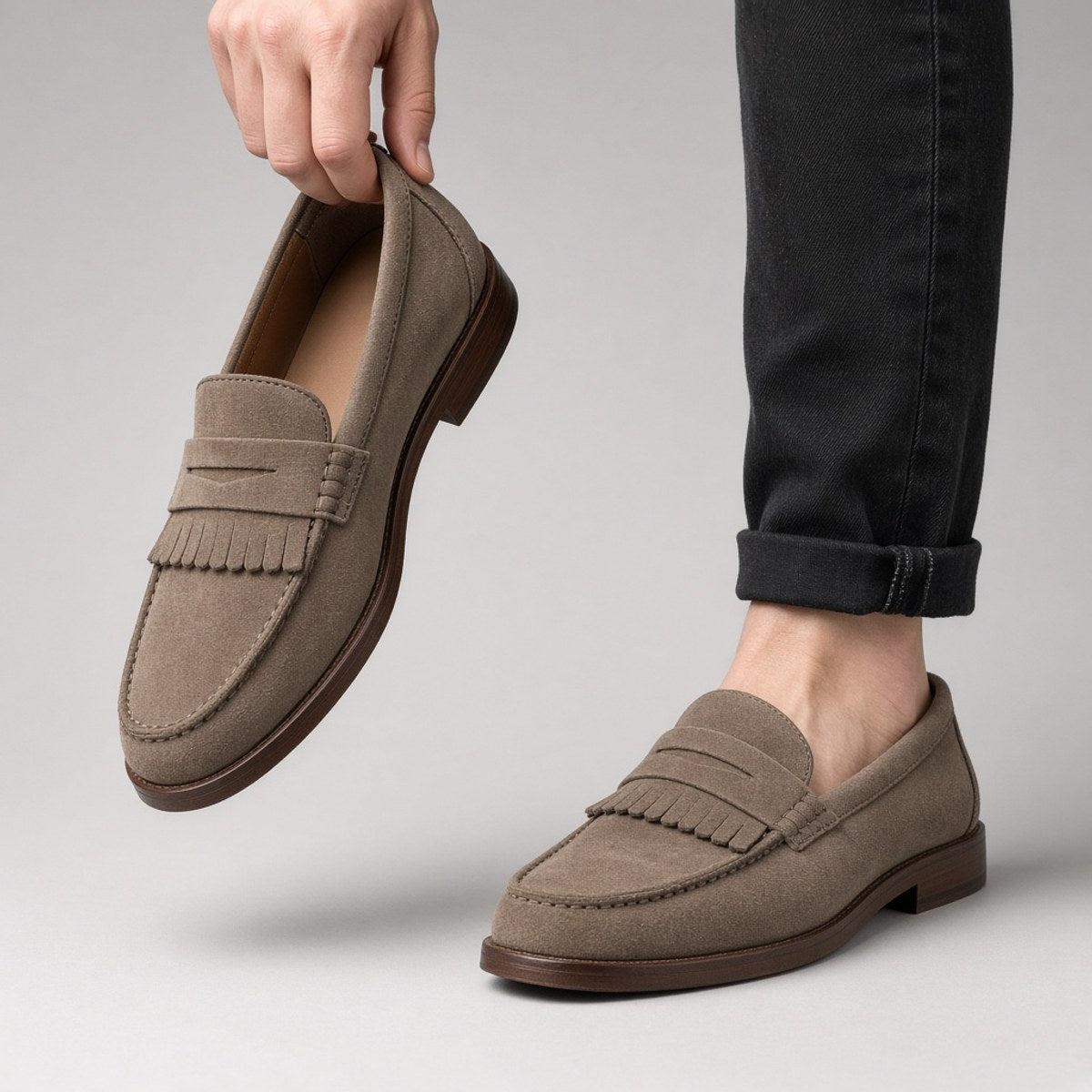 Mocassin Frangé Daim Taupe